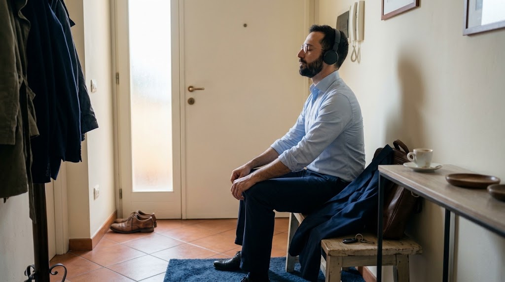 Perché otto minuti: una persona medita con le cuffie al risveglio