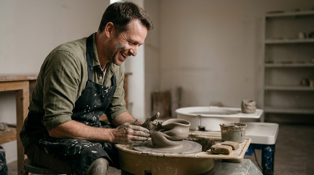 Zona di comfort: un uomo sorride mentre prova per la prima volta il tornio da ceramica